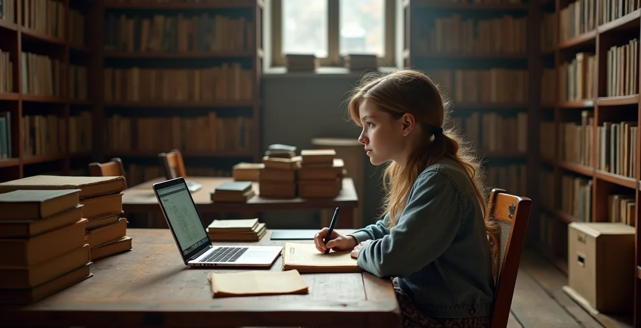 Adolescent consultant des archives anciennes avec une tablette numérique dans une bibliothèque