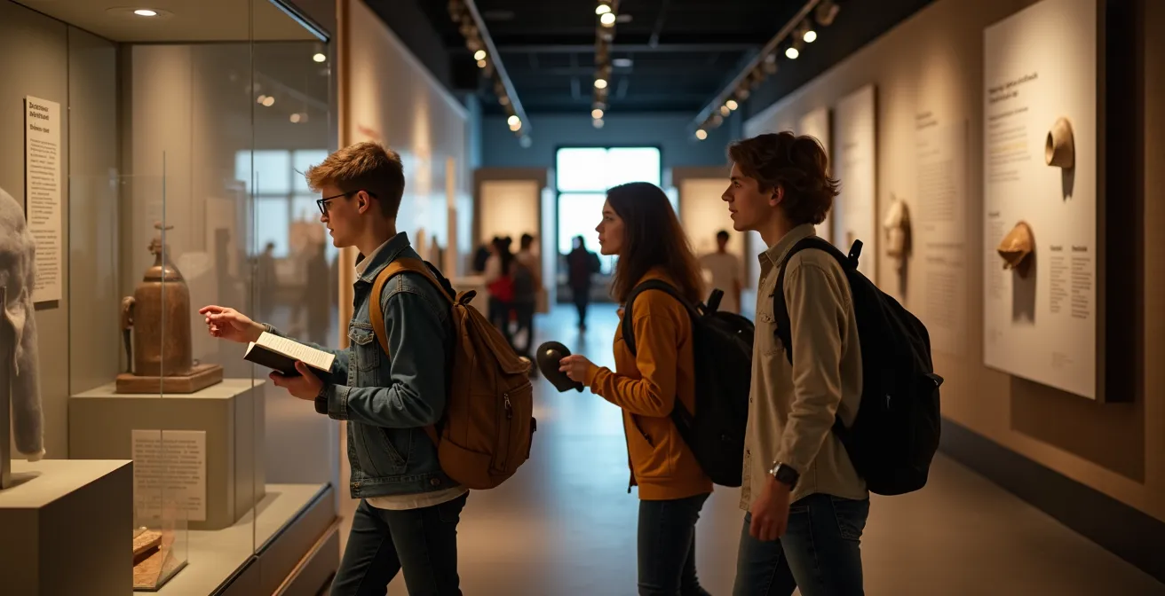 Groupe d'adolescents engagés dans une chasse au trésor historique au musée avec carnet de mission