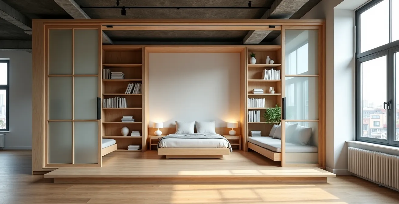 Vue aérienne d'un loft avec zones distinctes créées par l'agencement des meubles