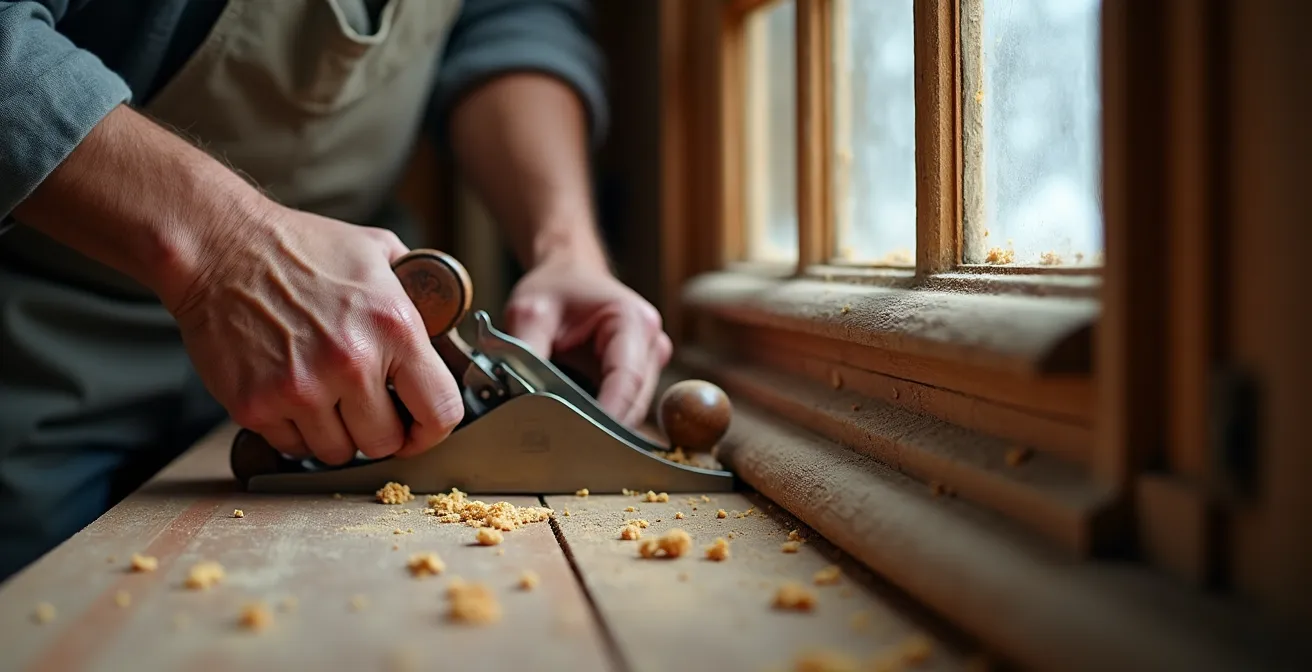 Mains d'artisan travaillant sur une fenêtre à carreaux patrimoniale en bois avec outils traditionnels