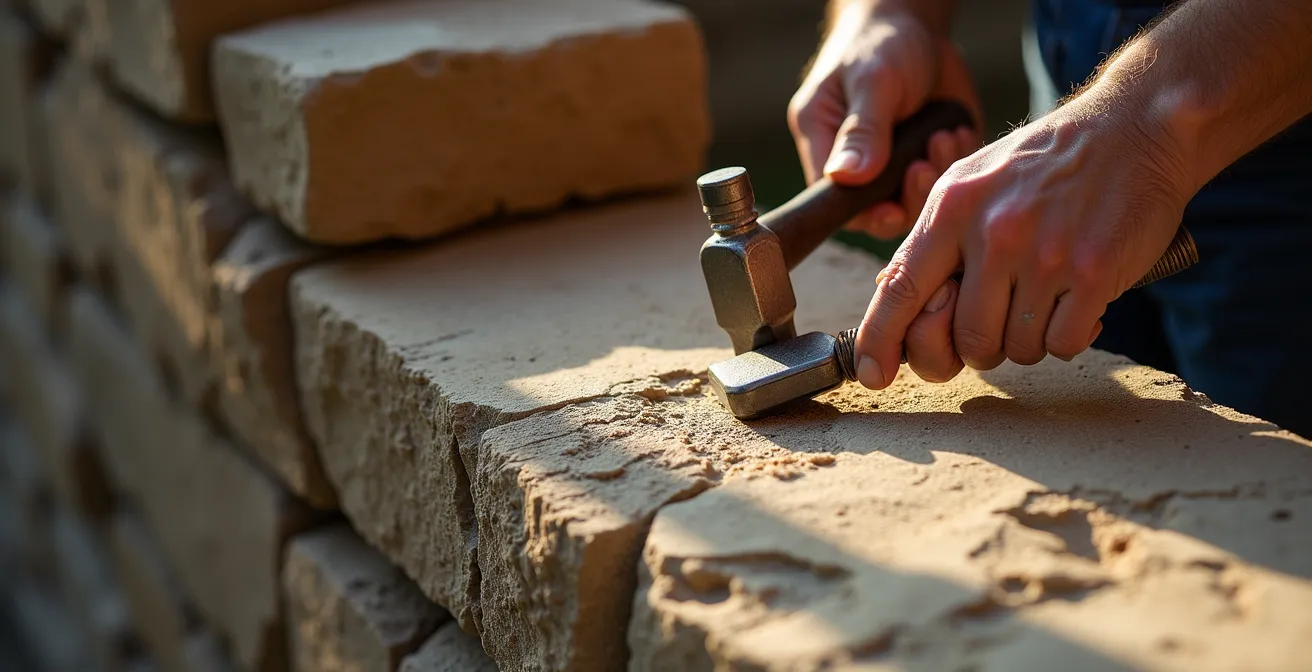 Un artisan spécialisé restaure minutieusement une pierre endommagée sur un mur historique du Vieux-Québec