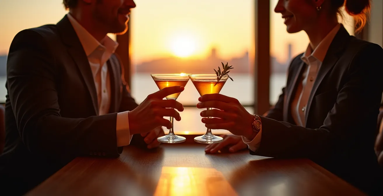 Vue intérieure du bar 1608 avec ses fauteuils en cuir et sa vue panoramique sur le fleuve Saint-Laurent
