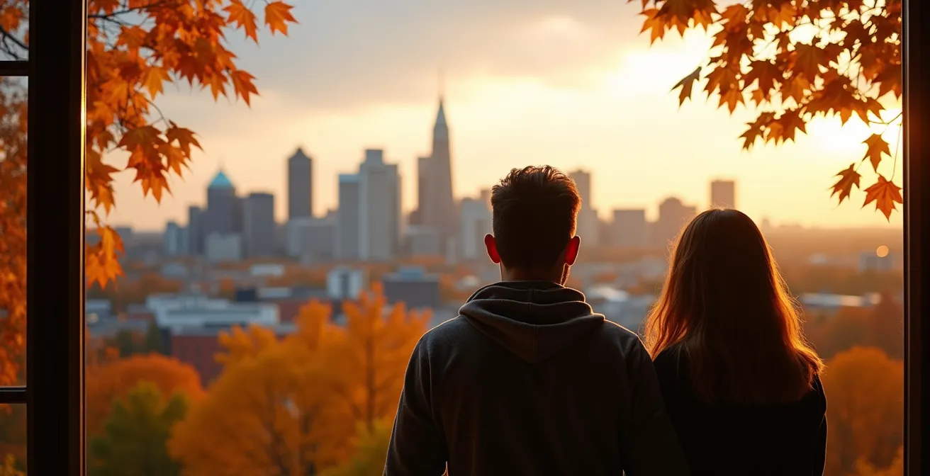 Vue depuis le belvédère Kondiaronk du Mont-Royal montrant le centre-ville de Montréal en automne avec les feuilles colorées