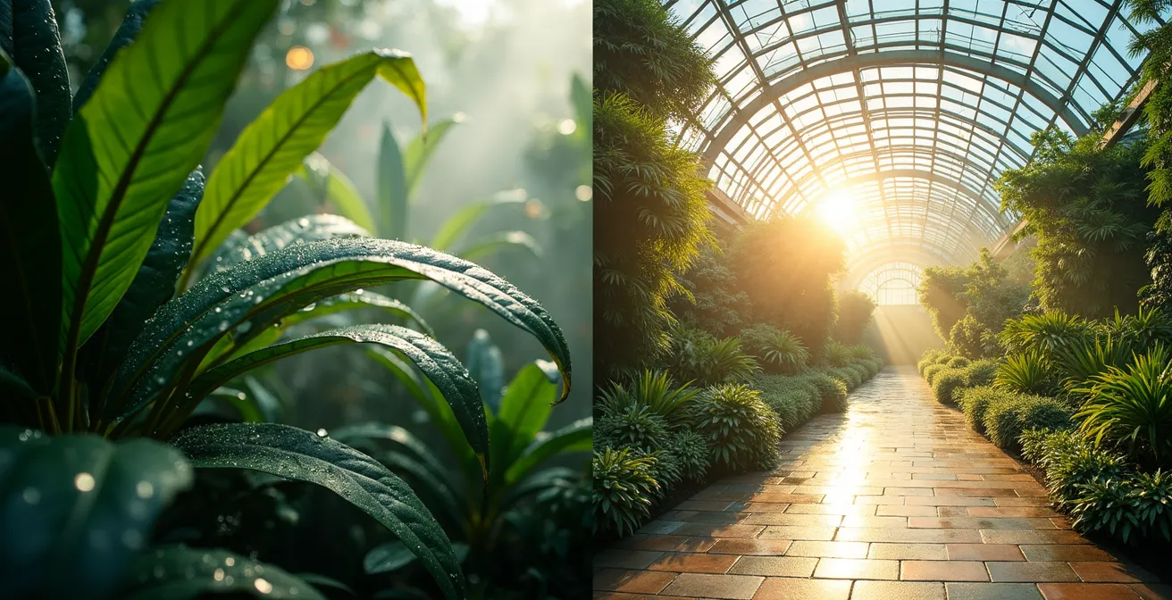 Contraste entre l'environnement tropical humide du Biodôme et les vastes jardins extérieurs du Jardin botanique