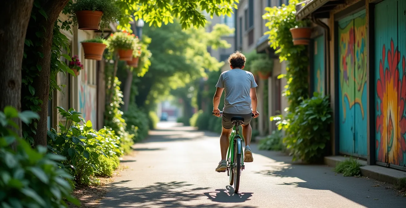 Cycliste sur un BIXI traversant une ruelle verte pittoresque du Plateau avec végétation luxuriante
