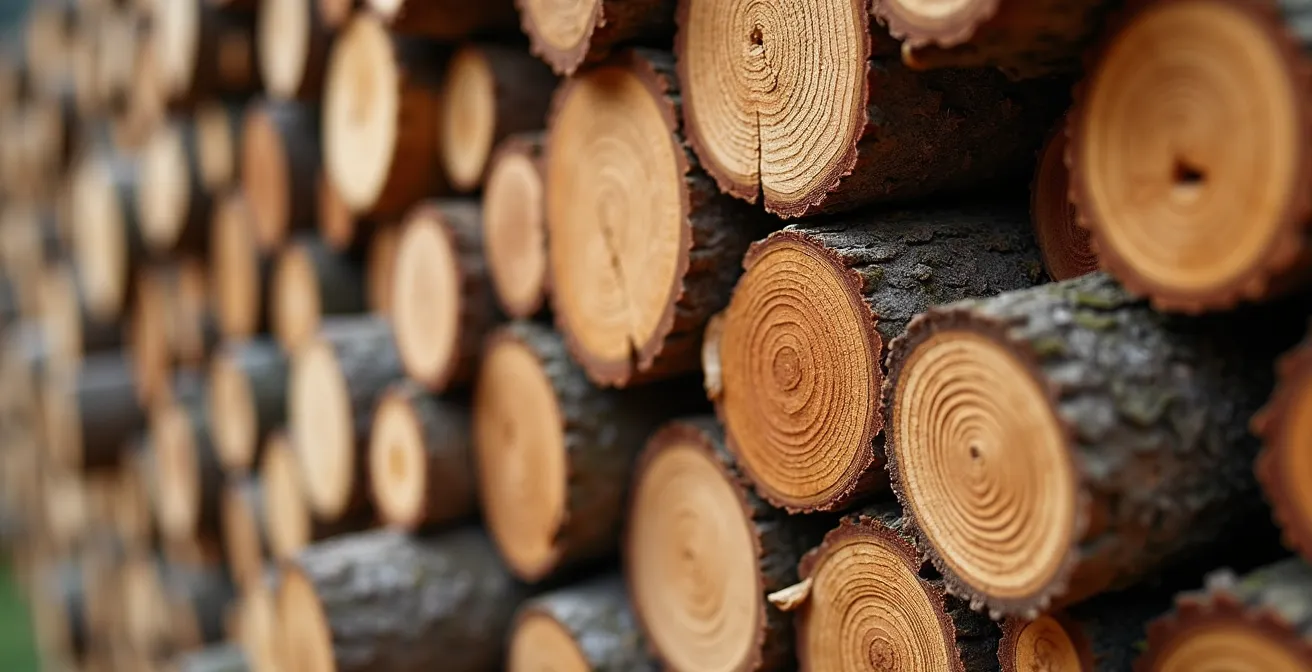 Gros plan sur différentes essences de bois québécois empilées, textures et couleurs naturelles