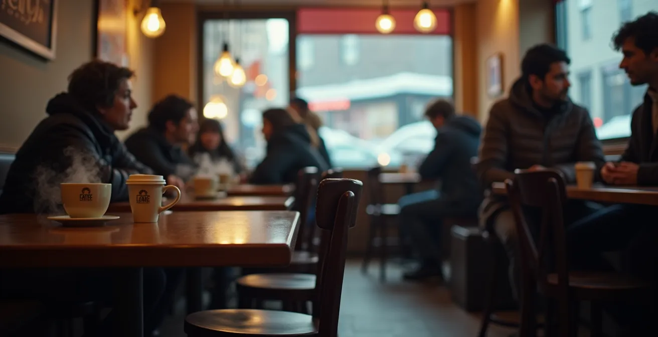 Intérieur chaleureux d'un café montréalais en hiver avec personnes en arrière-plan flou
