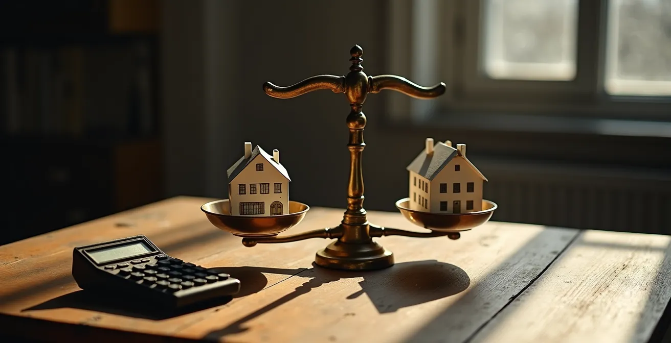 Calculatrice vintage et documents financiers sur table en bois, ambiance de réflexion