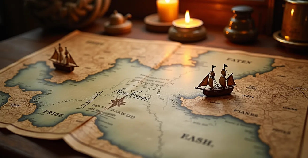 Carte historique stylisée montrant les routes maritimes entre les ports français et la Nouvelle-France au 17e siècle