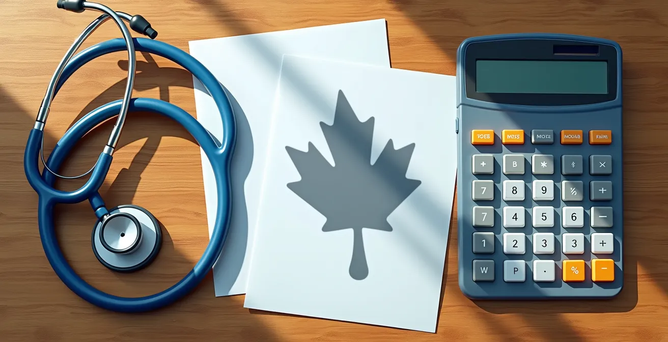 Documents de santé et formulaires administratifs disposés sur une table avec une calculatrice