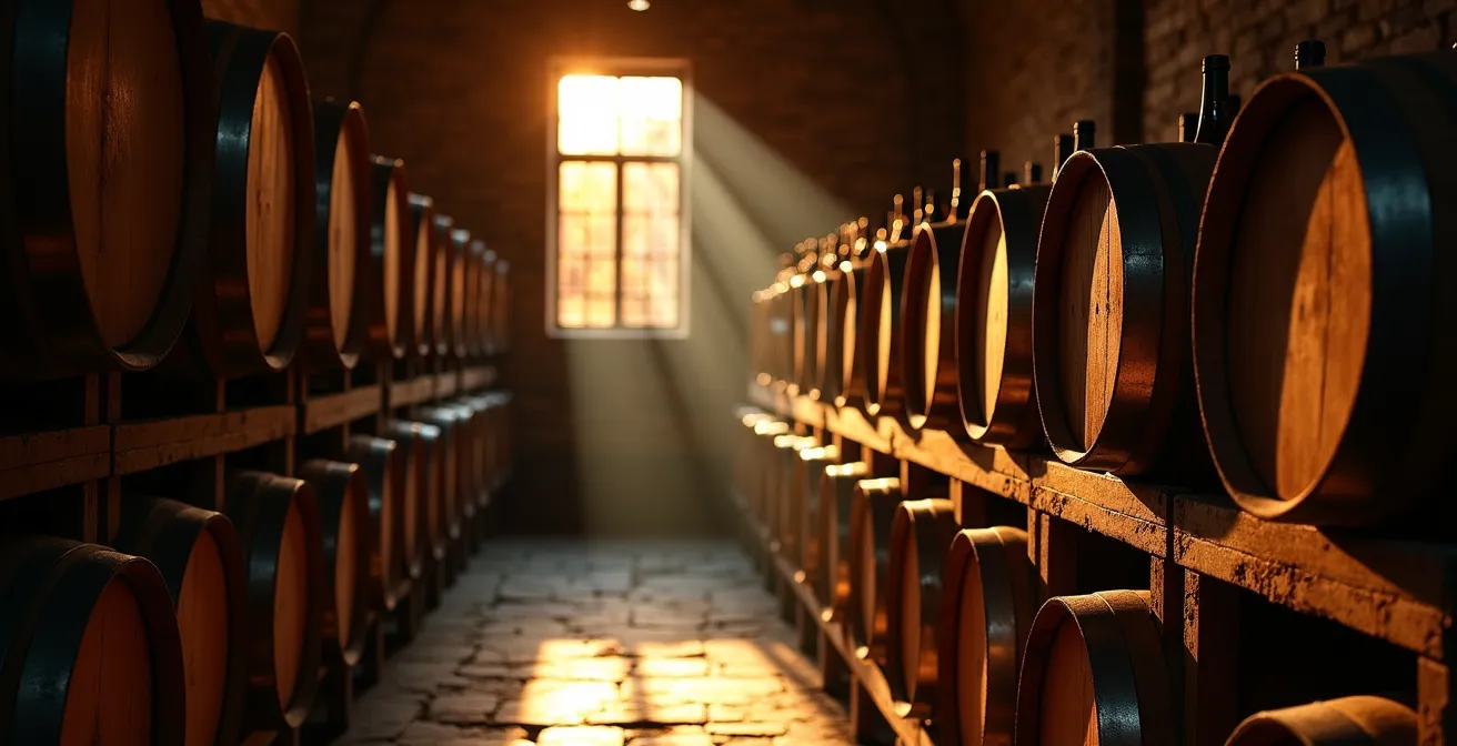 Cave de dégustation dans un vignoble québécois avec tonneaux de chêne