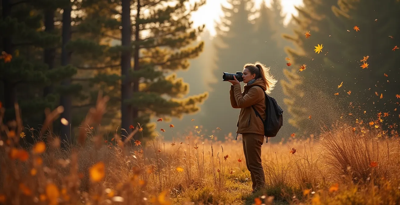 Photographe approchant discrètement la faune avec le vent de face dans une forêt québécoise