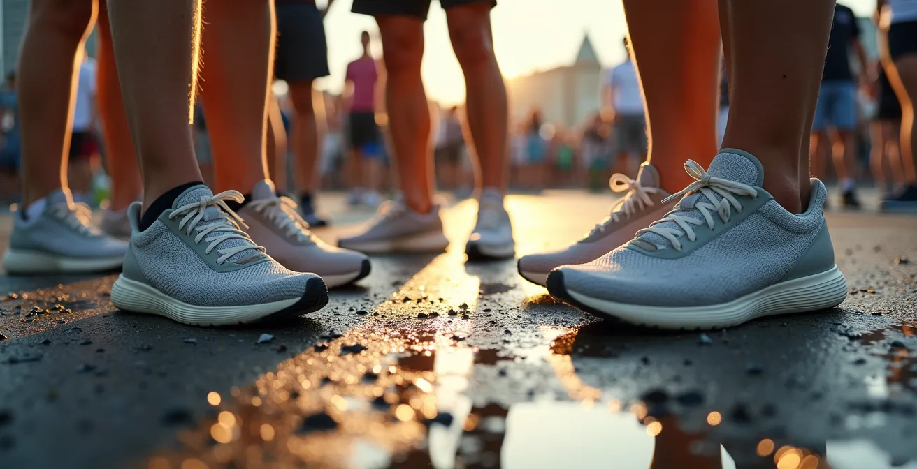 Gros plan sur des pieds en baskets respirantes sur l'asphalte brûlant avec effet de chaleur visible
