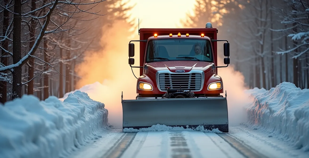 Chemin forestier fraîchement déneigé menant à un chalet avec chasse-neige en action
