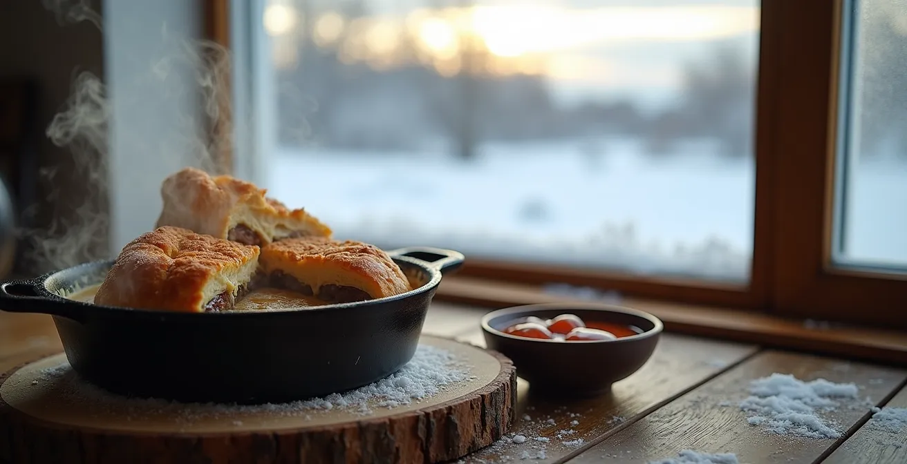 Cipaille traditionnel gaspésien servi dans une marmite en fonte lors d'une soirée d'hiver