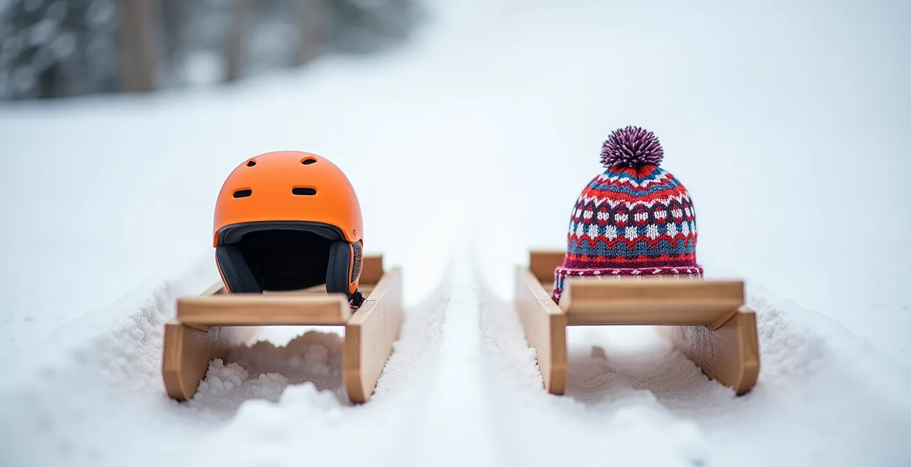 Comparaison visuelle entre un casque de ski protecteur et une simple tuque en laine pour la glissade