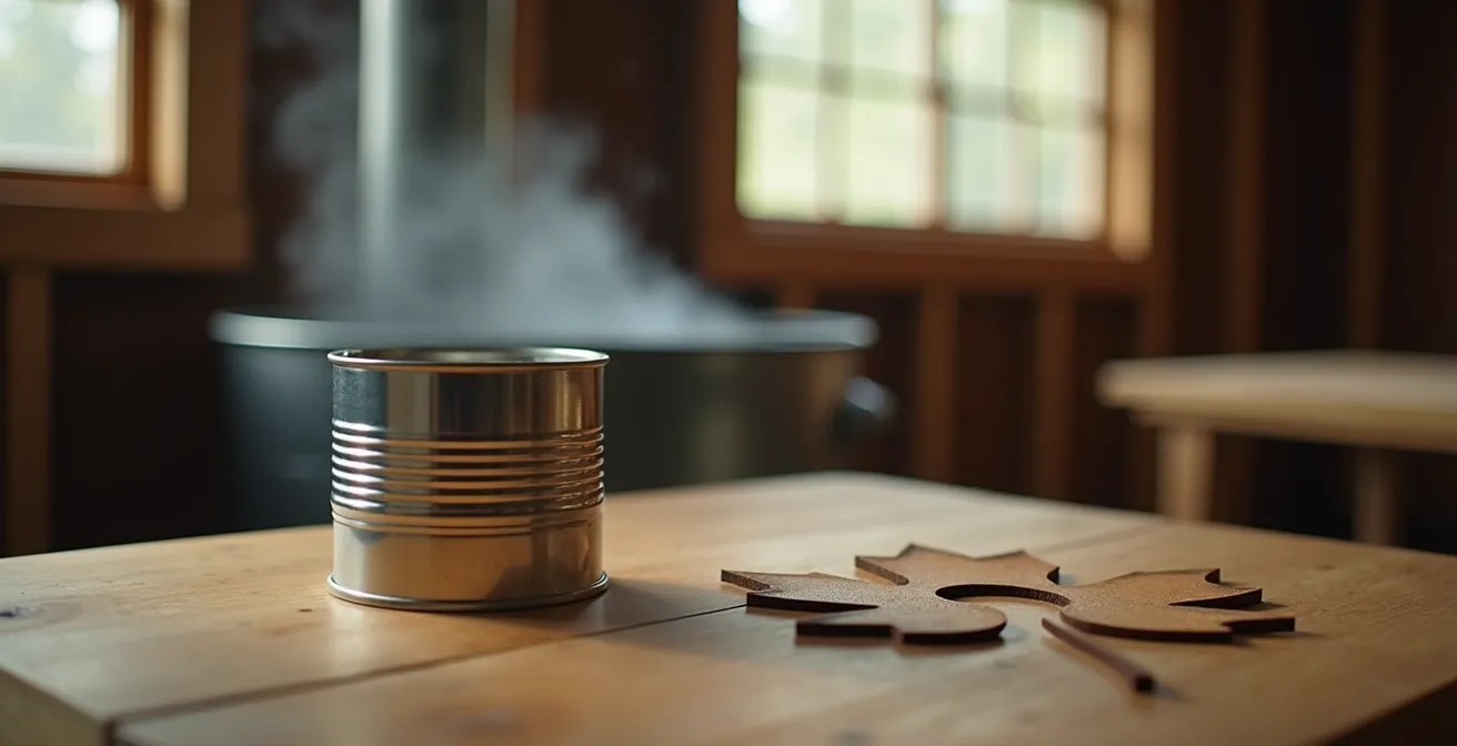 Conserve métallique de sirop d'érable du Québec posée sur une table rustique en bois d'érable