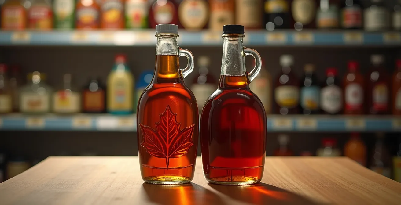 Comparaison visuelle entre une vraie canne de sirop d'érable et un contenant de sirop de table dans un rayon de supermarché
