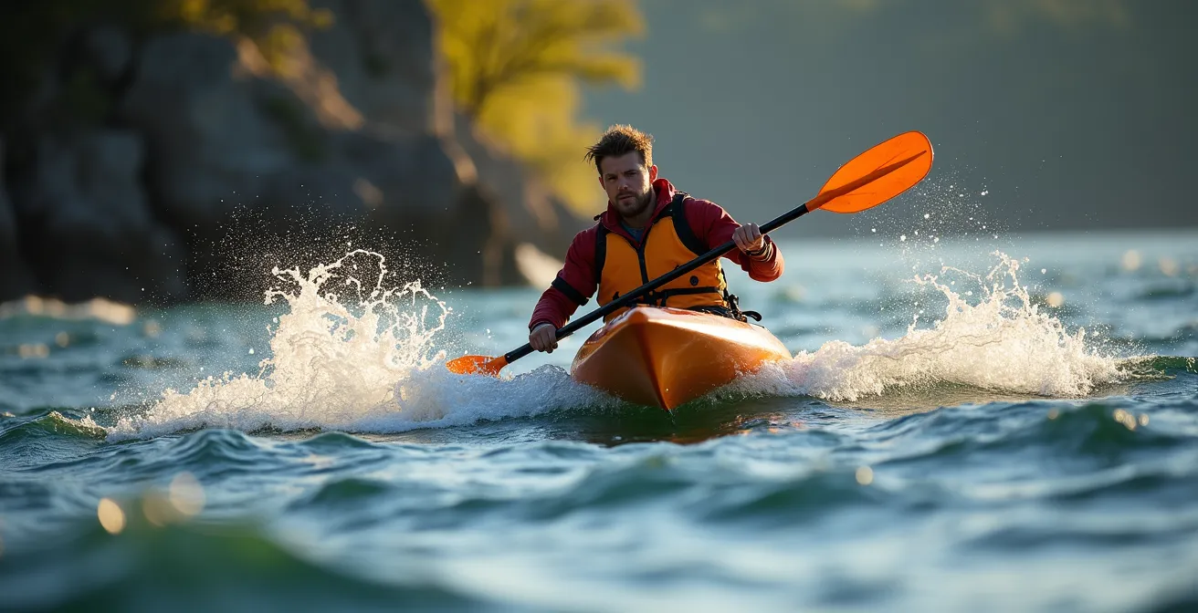 Kayakiste expérimenté naviguant dans les courants de Charlevoix avec gouvernail visible