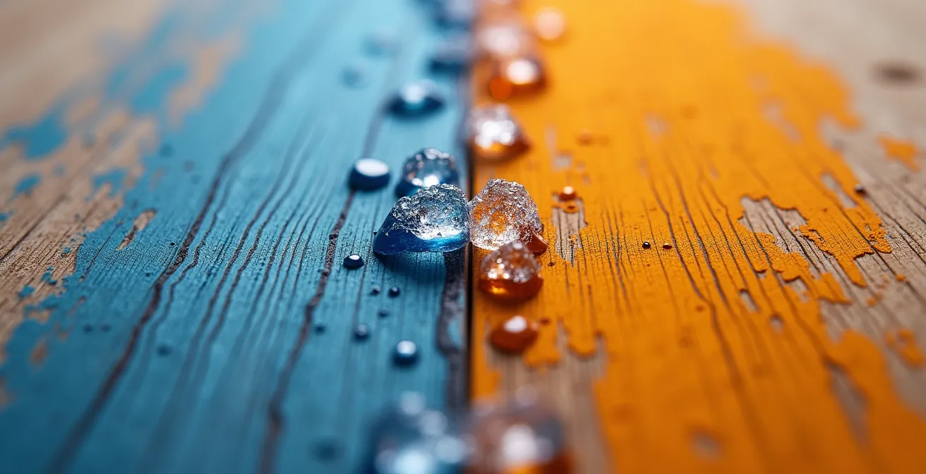 Vue macro comparative de peinture acrylique et huile sur surface de bois avec effet gel-dégel