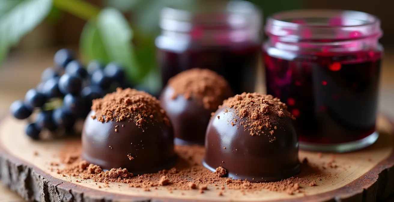 Présentation artisanale de produits du cassis et chocolats fins dans une boutique traditionnelle québécoise