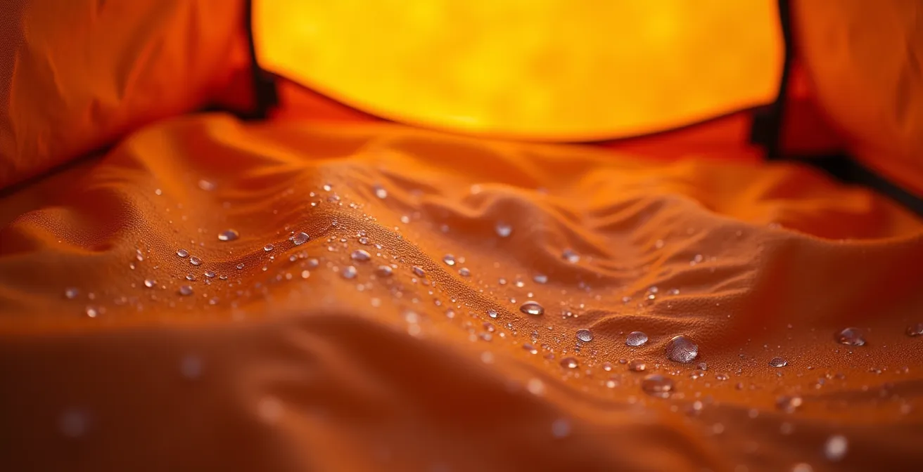 Intérieur d'une tente avec condensation visible sur les parois au petit matin
