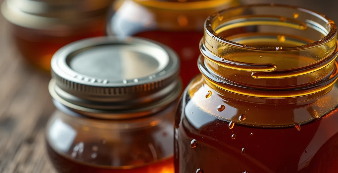 Rangée de pots Mason remplis de sirop d'érable de différentes teintes dans une armoire québécoise traditionnelle