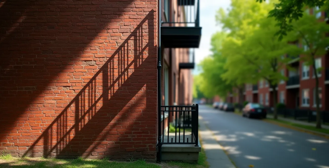 Composition symbolique montrant la juxtaposition between un mur de brique rouge urbain typique de Montréal et une feuille d'érable verte, illustrant le choix entre ville et nature.