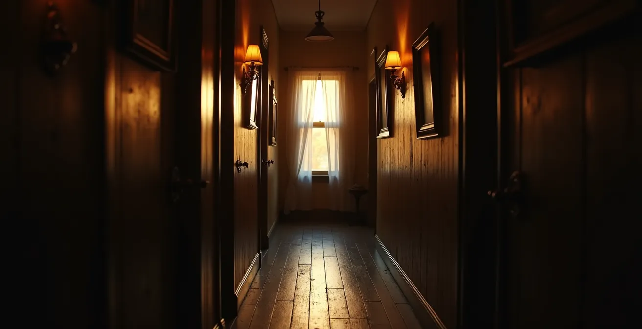Couloir atmosphérique d'une auberge du XIXe siècle avec jeux d'ombres et de lumière