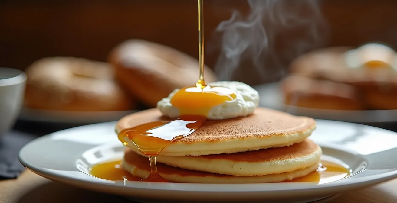 Table de petit-déjeuner québécois traditionnelle avec bagels, sirop d'érable et ambiance chaleureuse