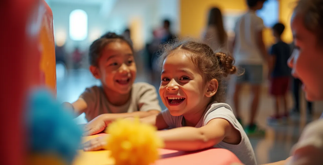 Enfants émerveillés devant une sculpture colorée dans un espace muséal lumineux