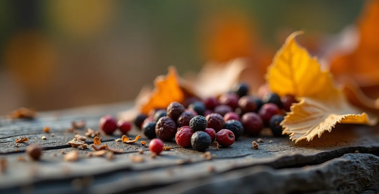 Arrangement artistique d'épices boréales québécoises incluant poivre des dunes et thé du Labrador