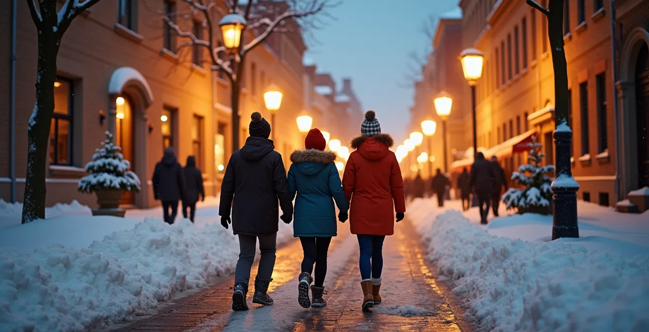 Groupe d'amis marchant joyeusement dans une rue enneigée du Vieux-Québec en soirée