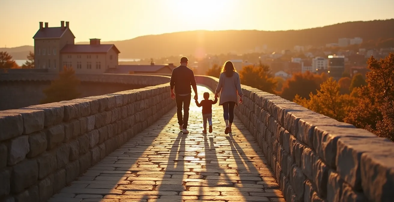 Une famille québécoise se promène sur les remparts historiques de Québec par une journée d'automne ensoleillée