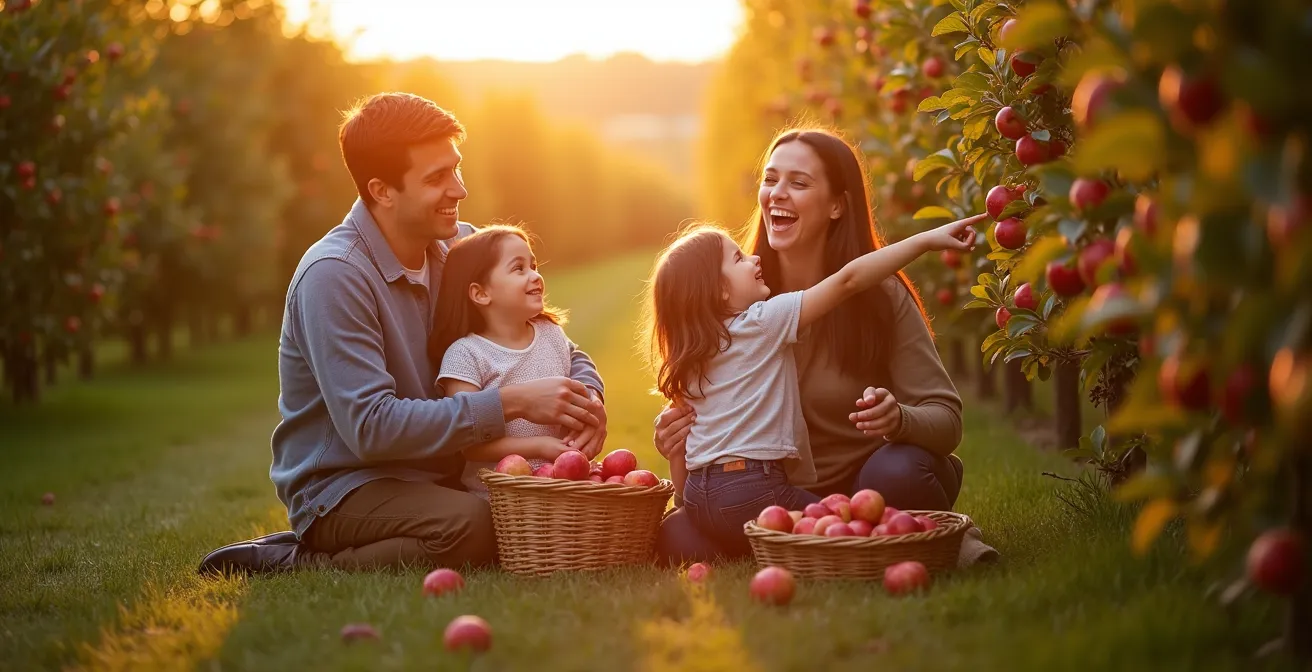 Famille québécoise dans un verger lors de l'heure dorée en fin d'après-midi, lumière chaude traversant les rangées de pommiers