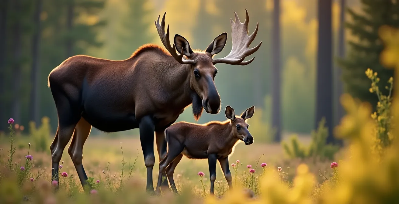 Femelle orignal protégeant son veau à distance sécuritaire dans la forêt