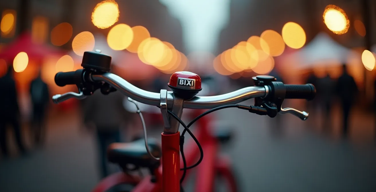 Scène de festival montréalais avec foule dense et vélos BIXI en premier plan
