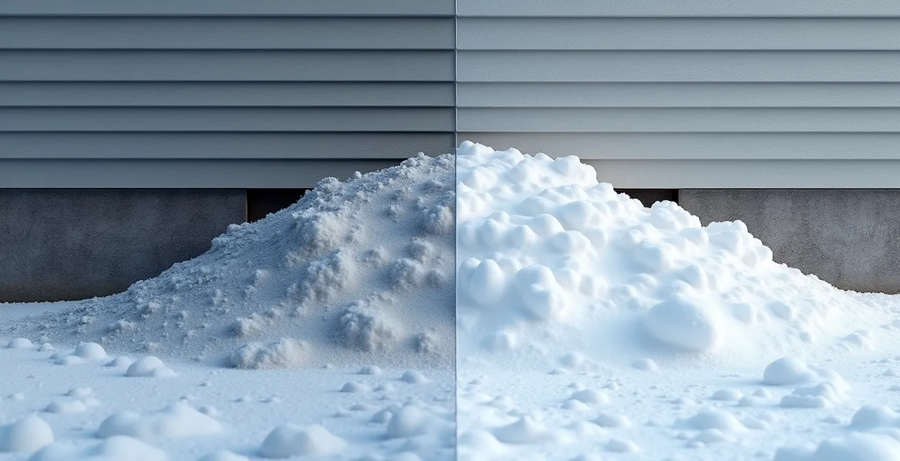 Vue latérale d'une fondation de maison québécoise avec accumulation de neige montrant la zone de dégagement recommandée