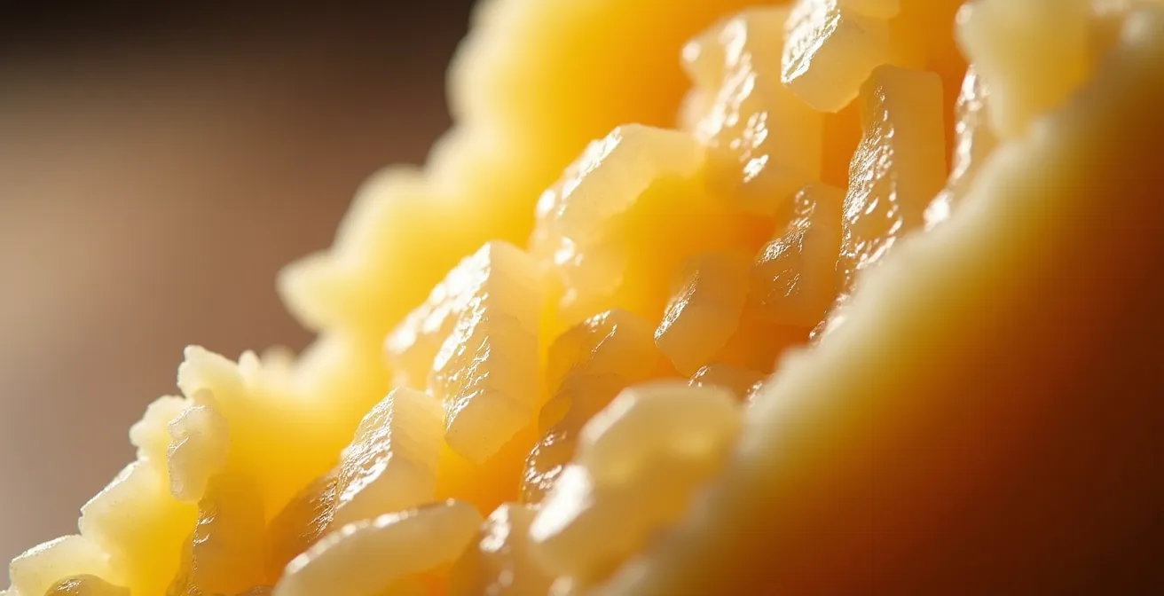 Gros plan sur la texture d'un fromage au lait cru québécois montrant les cristaux de tyrosine