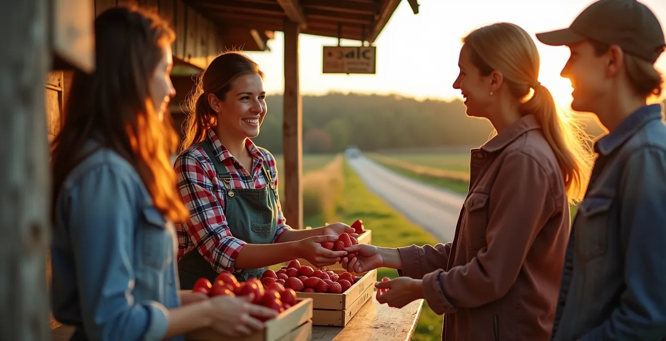 Moment paisible chez un petit producteur de l'Île d'Orléans avec vue sur les champs au lever du soleil
