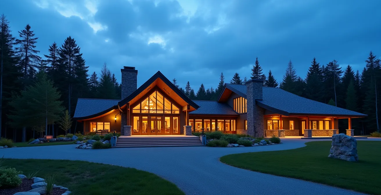 Vue architecturale de l'Hôtel-Musée Premières Nations avec son design moderne inspiré des traditions
