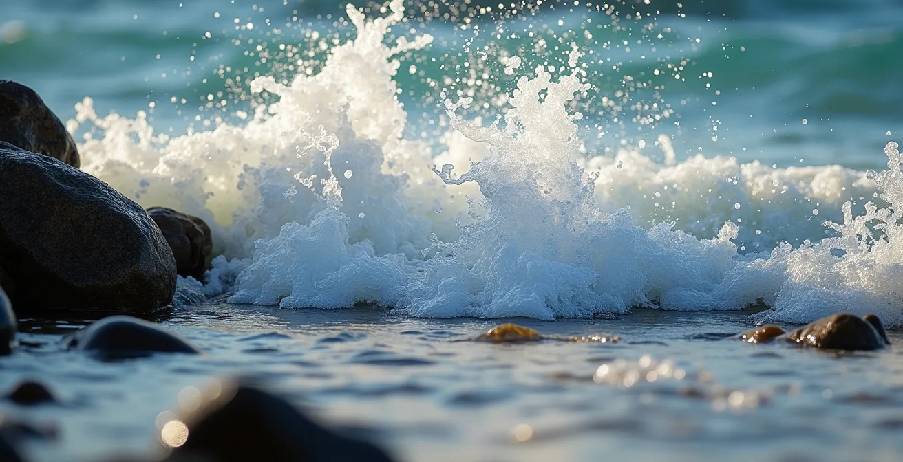 Vagues se brisant sur les rochers du parc du Bic générant des ions négatifs