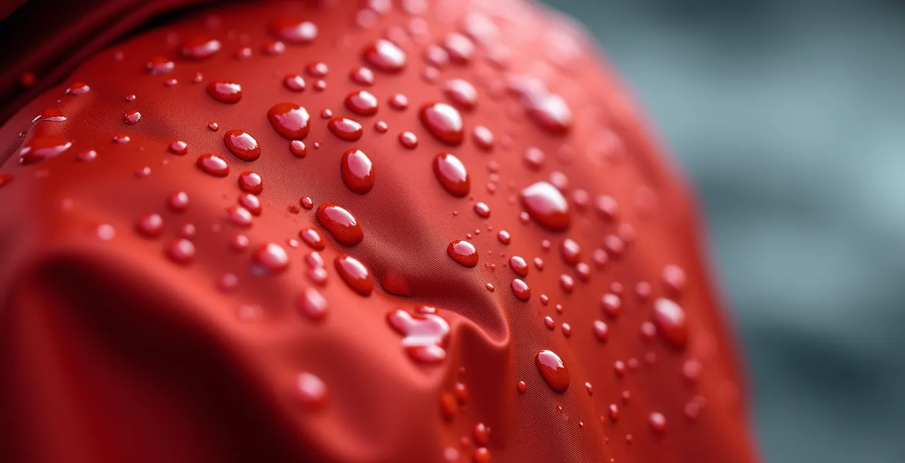Gros plan macro sur les gouttelettes d'eau froide perlant sur une combinaison étanche