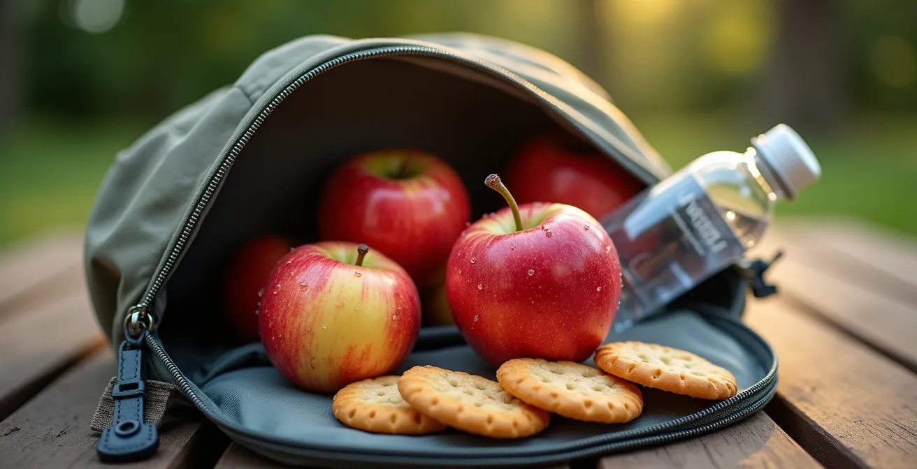 Gros plan macro sur des craquelins non salés, une pomme du Québec et une bouteille d'eau pétillante dans un sac ouvert