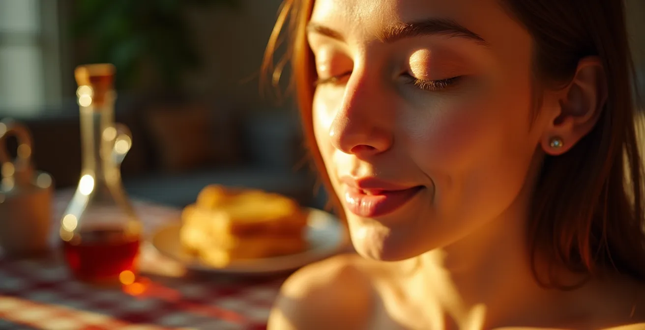 Gros plan sur une personne utilisant une lampe de luminothérapie le matin dans un intérieur québécois