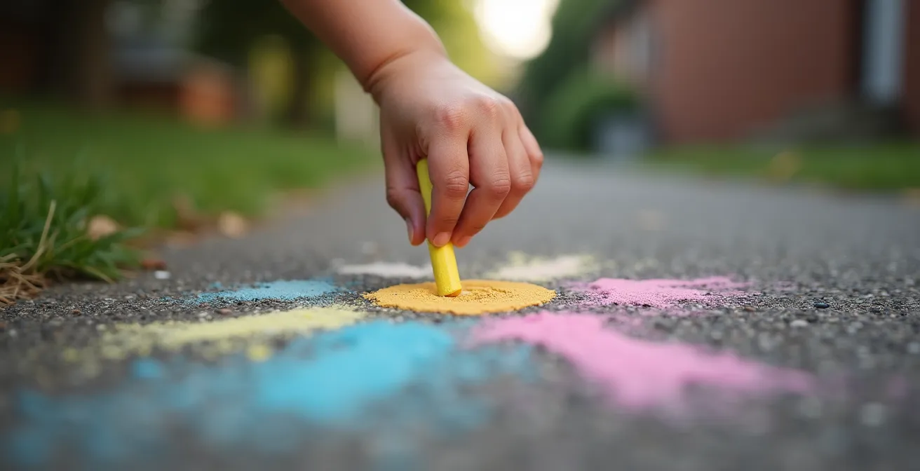 Plan rapproché sur la main d'un enfant dessinant à la craie sur le sol rugueux d'une ruelle, mettant en valeur la texture et la créativité.