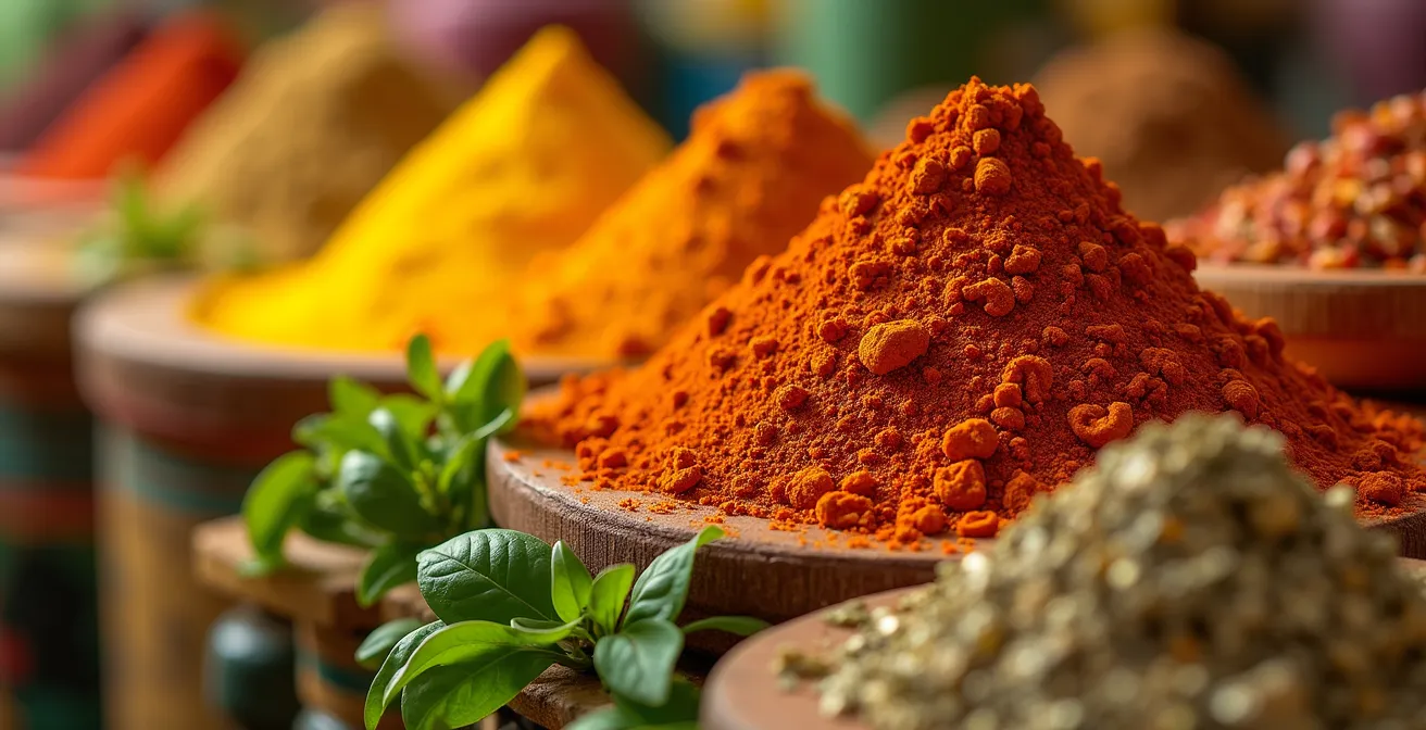 Étalages colorés d'épices et produits frais dans une épicerie ethnique près du métro de Montréal