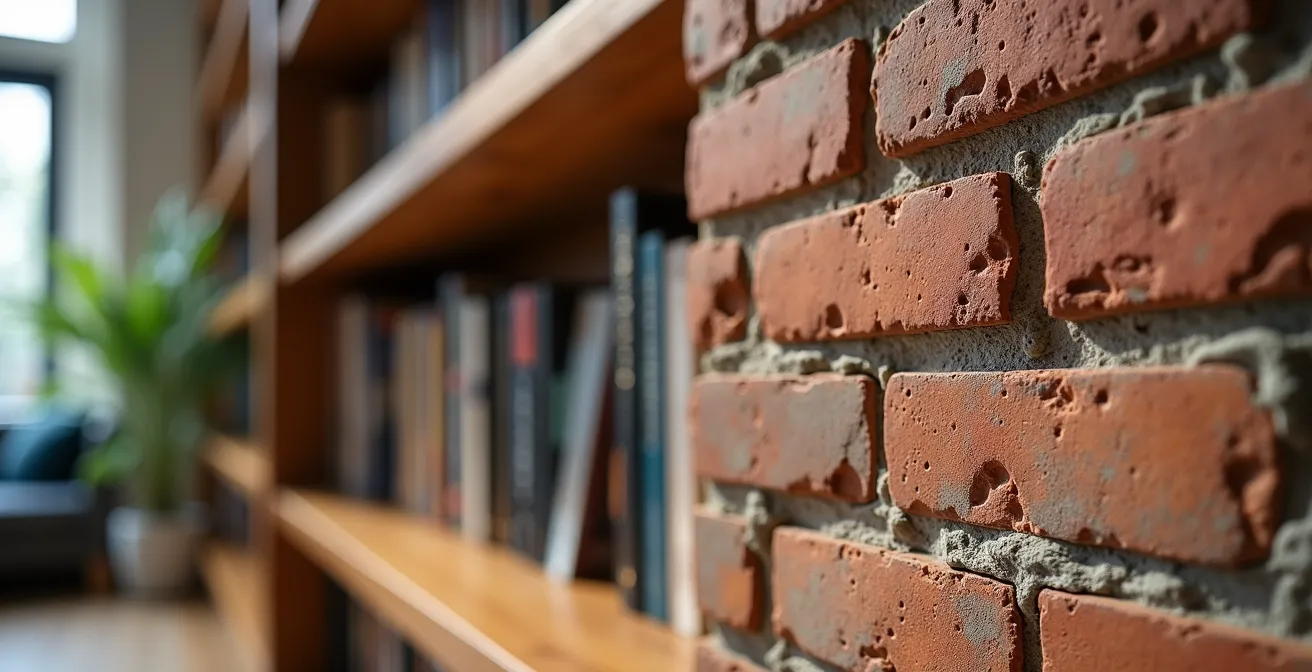 Gros plan sur un mur de brique avec panneaux acoustiques décoratifs intégrés