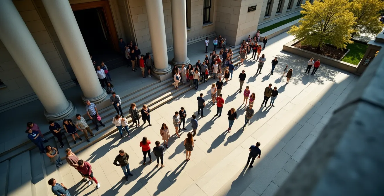 Vue aérienne d'une file d'attente serpentant devant l'entrée majestueuse d'un musée montréalais