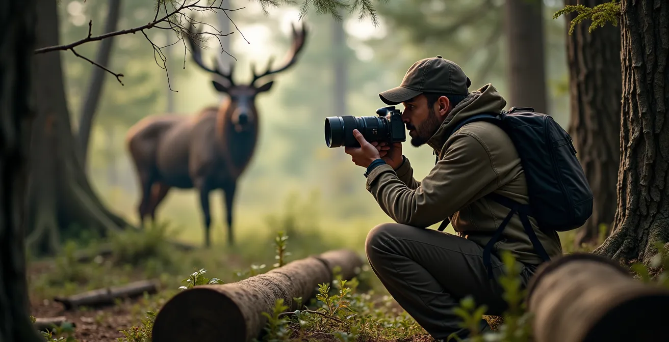 Photographe naturaliste camouflé derrière des sapins observant à distance
